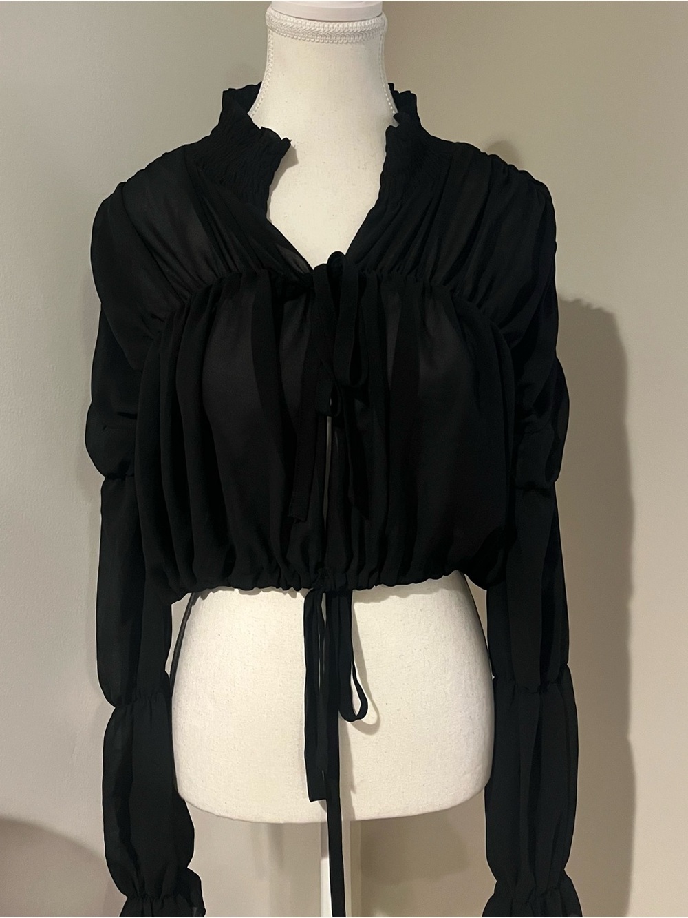 Mystique Boutique Black Ruffled Ruched Tie-Front Blouse